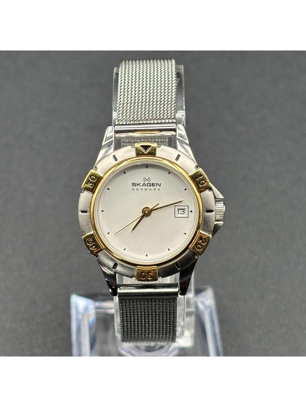 Skagen Slim Ladies Two-Tone 26mm Date Watch Silver-Tone Mesh Stainless Steel